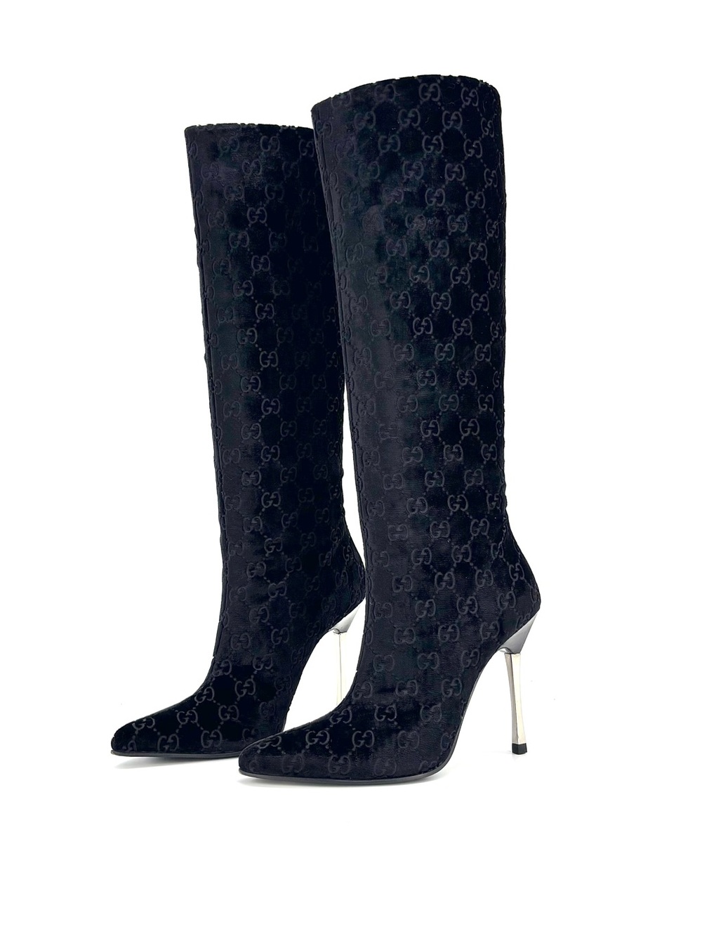 Gucci Tom Ford GG Monogram Velvet Black Knee High Pointed Toe Heeled Boots 6